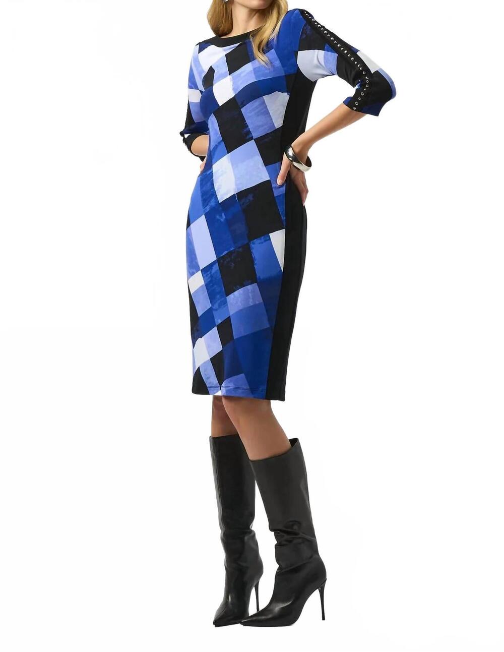 NEW JOSEPH RIBKOFF plaid print sheath dress in black/blue